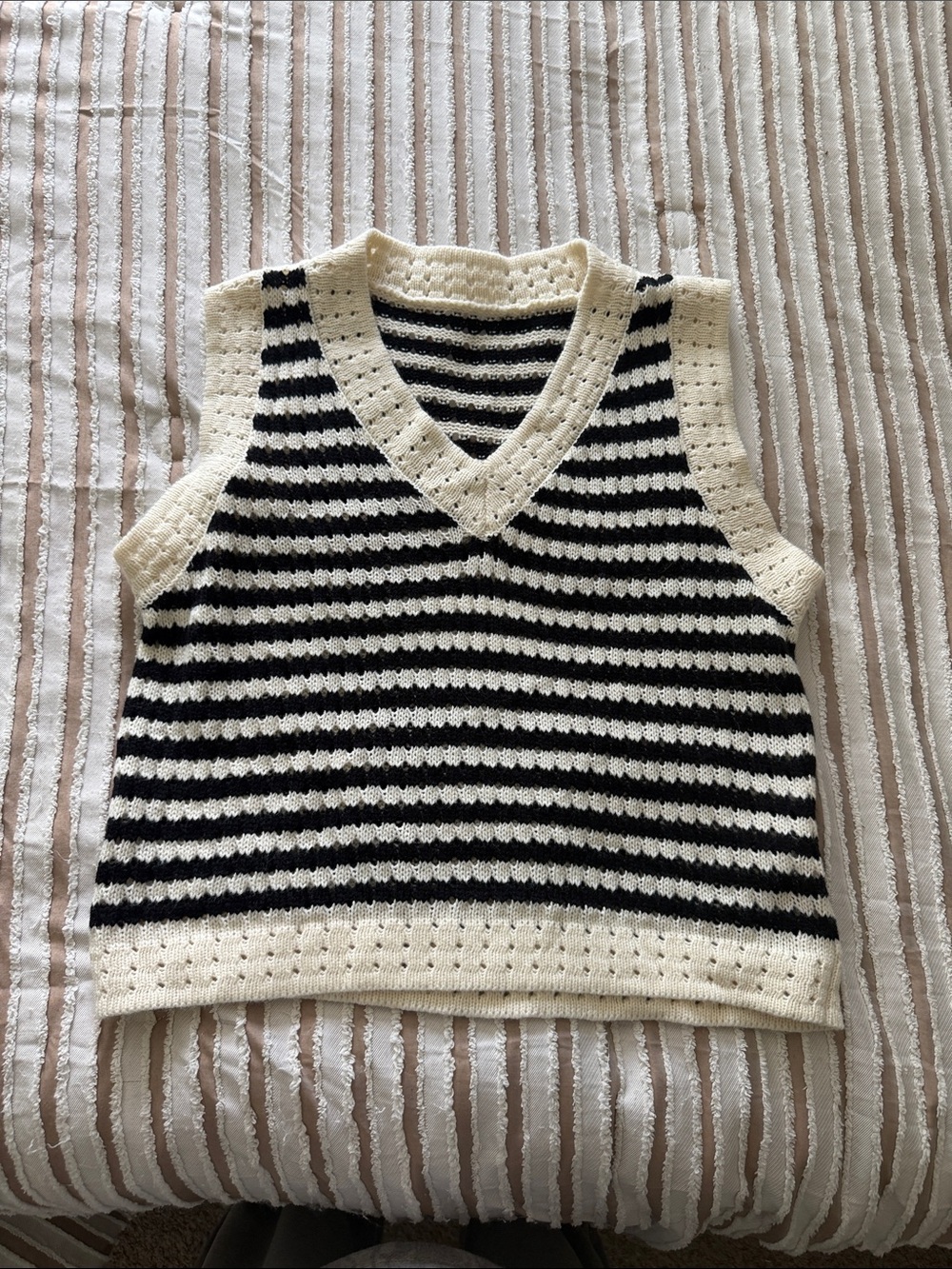 Striped Crochet V-Neck Sweater Vest in Black and Cream
